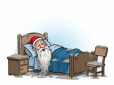 En man ligger och sover i en säng med ett mycket långt skägg.