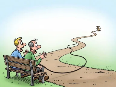Ett par sitter på en bänk efter promenaden och gestikulerar mot sin hund som står kvar vid ingången med ett långt koppel efter sig.