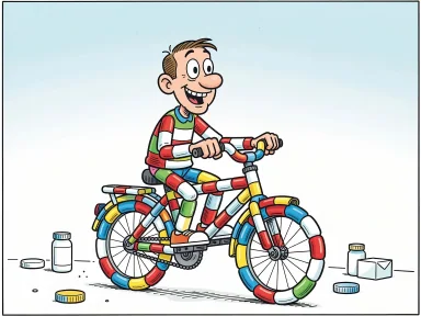 En glad figur trampar på en cykel konstruerad av tabletter och medicinförpackningar.
