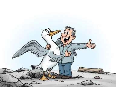 En man omfamnar en stor albatross på en klippig strand med glada miner.