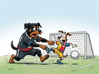 Hundar spelar fotboll på en plan där en rottweiler tacklar en annan hund bakifrån nära målet.