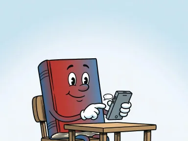 En lärobok med armar som håller en mobiltelefon och trycker på skärmen.