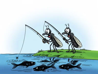 Två flugor står vid en flod och håller i fiskespön med flugor på linan.
