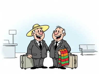 Två banktjänstemän med resväskor står på en flygplats.