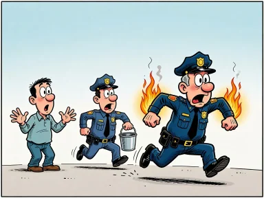 Poliser med lågor på ärmarna rusar fram mot en förvånad person.