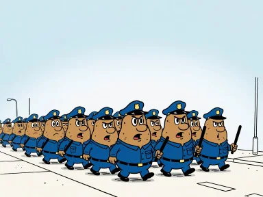 En samling potatisar i polisuniformer går patrull längs gatan.