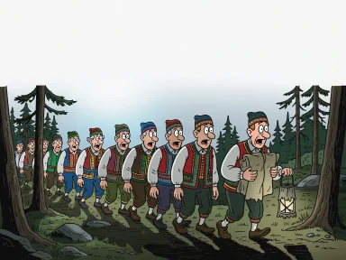 En grupp män i folkdräkter smyger tyst genom en skog i Dalarna mitt i natten.