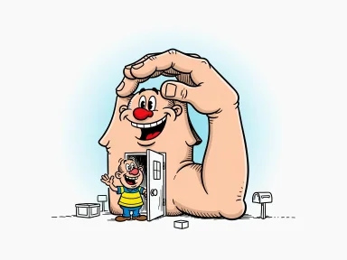 En glad figur vinkar från dörren till ett hus som ser ut som en jättelik arm, med ingången strax ovanför armbågen.