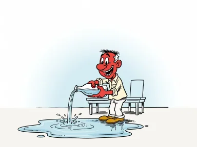 En glad figur häller vatten ur en flaska på golvet och skapar en stor pöl.