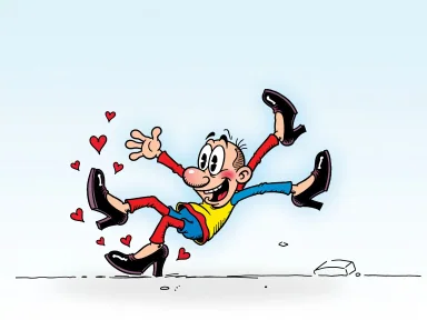 En glad tecknad figur som snurrar upp och ner i luften med höga klackskor och hjärtan som svävar runt skorna.