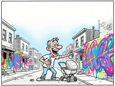 En glad graffitimålare sprayar färgglada mönster på husväggarna i ett kvarter medan en barnvagn står bredvid.