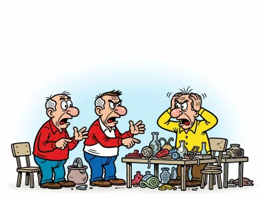 En loppmarknad där besökarna ser missnöjda ut och gestikulerar med sura miner.