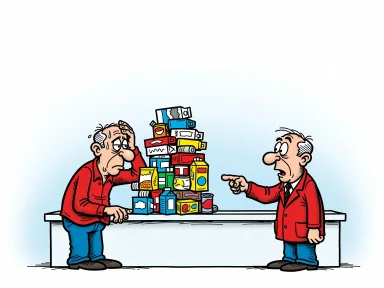 En trött expedit lutar sig mot disken med sjutton varor uppradade framför sig.