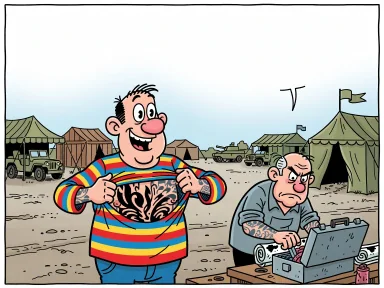 En man lyfter glatt upp skjortan för att visa en stor tatuering över bröstet på en militär mässa.