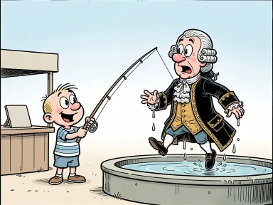 Ett barn fiskar i tivolis damm och drar upp en man i grevedräkt ur vattnet.