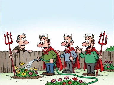 En person tittar över staketet mot grannarna som har horn, röda mantlar och treuddar.