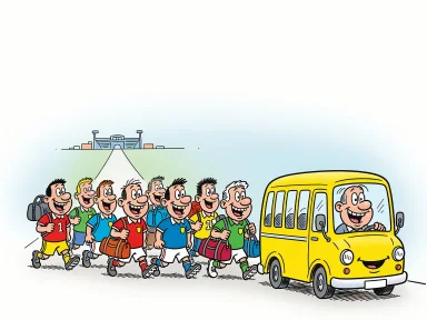 En buss kör längst fram och leder ett fotbollslag längs vägen.