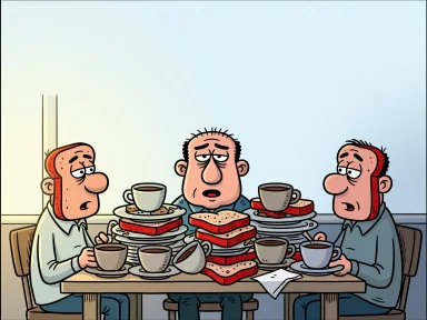 En tecknad person sitter vid ett kafébord fullt med frukostmat och ser trött ut medan ljuset utanför ändras från morgon till kväll.