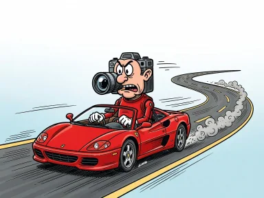 En kamerakaraktär kör en röd Ferrari i hög hastighet på en väg.
