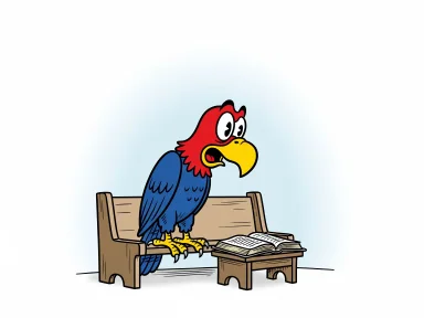 En tecknad örn sitter vid en bibel uppslagen på ett litet stånd.