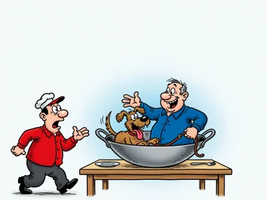 En man med sin hund sitter i en stor wokpanna på ett bord på restaurangen medan servitören ser förvånad ut.
