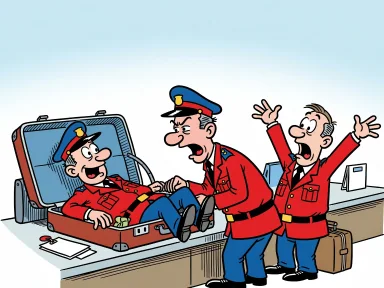 En tulltjänsteman ligger inne i en öppen resväska på ett bord medan en kollega tittar ner i den.
