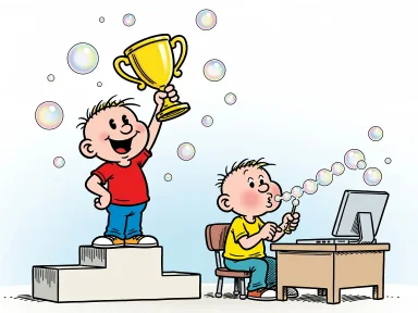 En glad unge står på prispallen med en stor pokal omgiven av såpbubblor medan en annan unge blåser bubblor en efter en mot en öppen laptop.