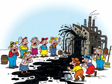 En bläckfabrik läcker svart vätska som breder ut sig till en stor fläck på marken i en liten stad, medan vanliga invånare ser förskräckta ut.