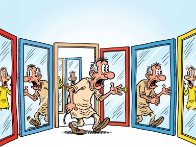En ringare går in i ett lustigt hus och betraktar sin förvrängda spegelbild.