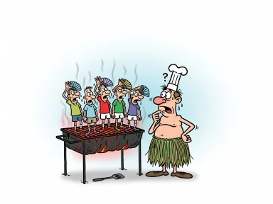 En kannibal står vid en för het grill där fotbollsspelare står på gallret och ser svettiga ut.