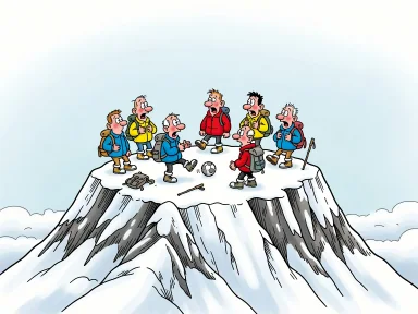 En grupp figurer spelar fotboll på toppen av ett högt snöigt berg med tunn luft.