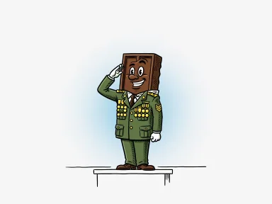 En chokladkaka i uniform med medaljer står till givakt.