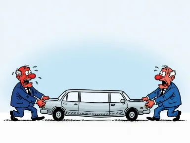 Två män drar i varsin ände av en bil som sträcks ut till en lång limousin.