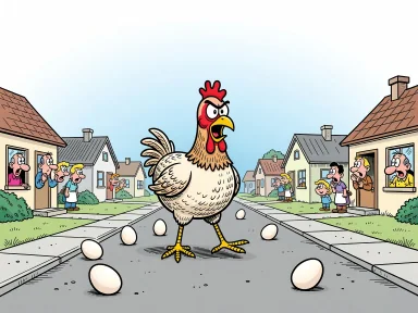 En stor höna vandrar på gatan medan människor kikar ut från fönster och ägg ligger på marken.