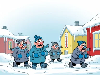 Människor huttrar kraftigt i snö och kyla framför hus i en svensk stad.
