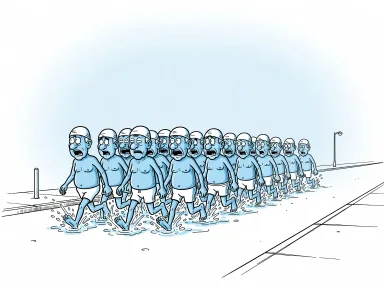 En grupp personer i badkläder marscherar i formation genom vattenpölar på gatan med huttrande rörelser.