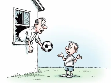 En pojke står utanför ett hus och tittar upp mot ett krossat fönster där en man lutar sig ut med en fotboll i handen.