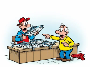 En fiskhandlare står vid disken och håller upp en makrill med många hål i sig.