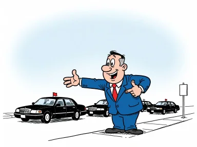 En man vid vägkanten gestikulerar mot en kortege av officiella bilar med ena armen framåtsträckt och pekar samtidigt på sig själv med den andra handen.