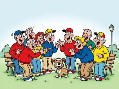 En liten söt hund står mitt ibland en samling människor som gestikulerar och pratar med varandra.