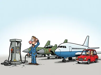 En tecknad flygplatsmack där två stridsflygplan och ett passagerarflygplan står i kö vid bränslepumpen medan en bil väntar bakom.