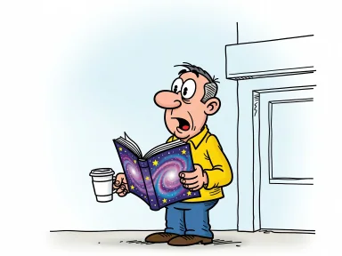 En man står utanför en affär och håller i en uppslagen bok med galaxer och stjärnor medan han har en tom kaffekopp i den andra handen.