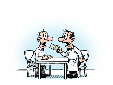 En servitör med stor näsa står i en restaurang medan en gäst håller en sedel precis under näsan på honom.