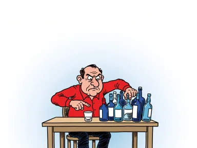 En man sitter vid ett bord och skäller ut ett romglas samtidigt som han ordnar spritflaskor.
