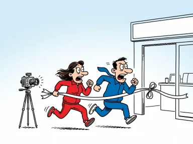 En man och en kvinna springer jämsides mot en fotobutik och bryter ett målsnöre vid entrén medan en kamera tar ett foto.