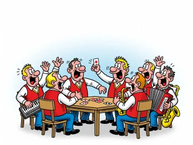 En dansbandsgrupp samlad runt ett bord spelar kort med livliga gester och miner.