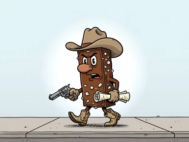 En antropomorf chokladkaka med kokosbitar promenerar längs gatan med pistol och efterlysningsaffischer.