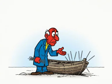 En trött akupunktör står vid en träbåt och håller nålar nära akterskeppet.