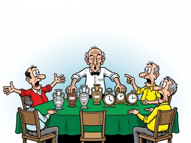 En äldre kortgivare vid ett kasinobord räcker över antika föremål till spelarna.
