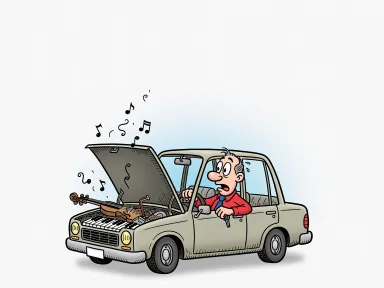 En förvånad förare vrider om nyckeln i bilen medan noter stiger upp från motorhuven som är utrustad med strängar och pianoknappar.